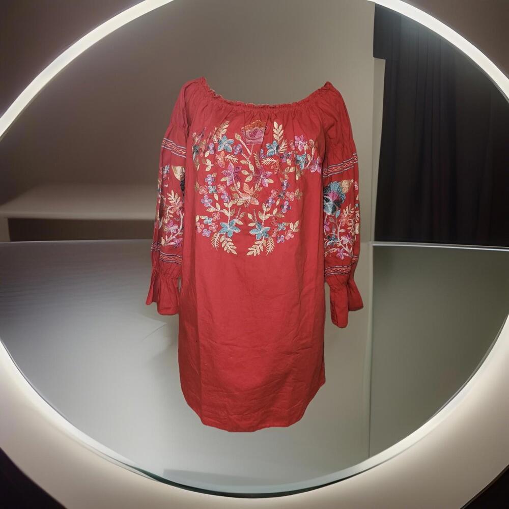 Free People Womens Red Solid Embroidered Long Sleeve Blouse Shirt Medium
